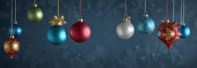Fototapeta premium Colorful Christmas ornaments hanging from a blue background, hanger, christmas ornaments, winter wonderland
