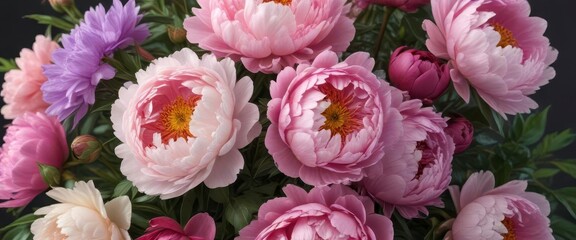 Colorful peonies in a loose bouquet arrangement,  floral arrangement,  watercolor illustration,  flower bunch