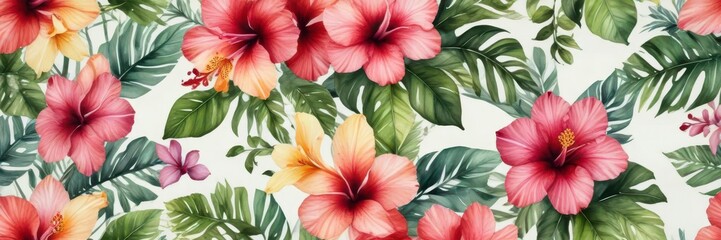 Obraz premium Colorful watercolor hibiscus leaves with a pattern of orchids, tropical, green, hibiscus