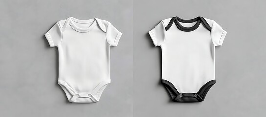 Two Blank Baby Bodysuits, One White, One with Black Trim, on Gray Background