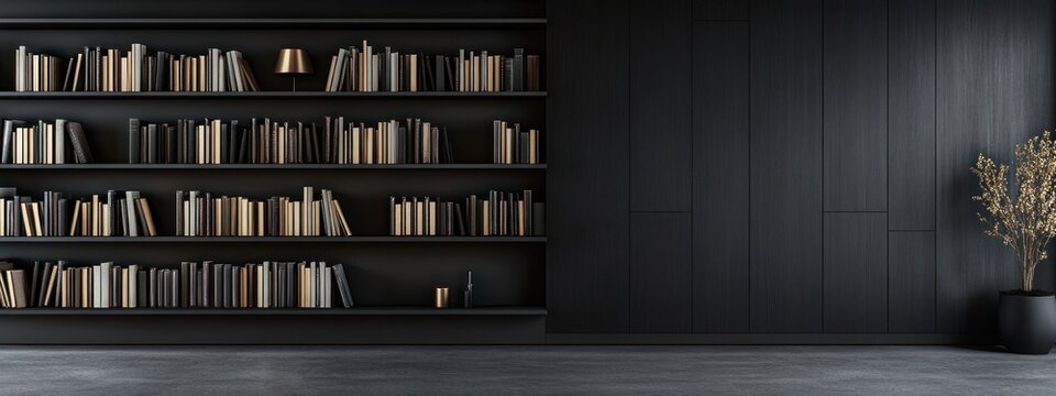 Dark room bookshelf interior design. Plant decor. Empty wall space