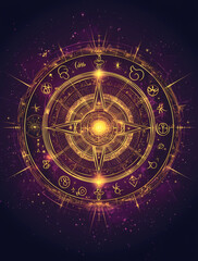 A celestial background with the zodiac signs around an ornate compass, glowing in radiant gold and purple hues against the dark space