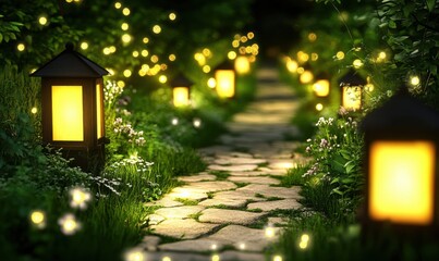 A serene garden pathway illuminated by glowing lanterns amidst lush greenery and flowers