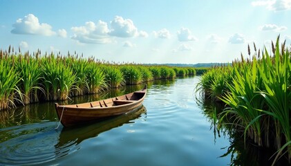 Obraz premium A small wooden boat navigates through dense reeds and marshy waters, land meets sea, estuary
