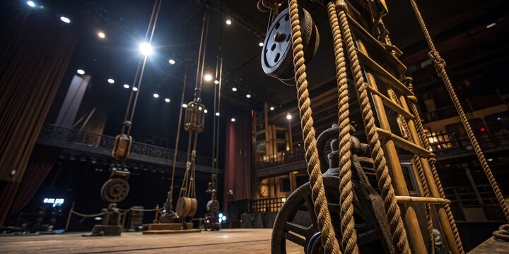 Stage rigging apparatus in a theatrical venue during a performance setup in a modern auditorium