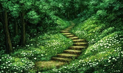 Serene forest pathway winding through lush greenery and blooming flowers under soft sunlight