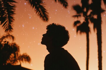 Silhouette man gazing at starry night sky, tropical palms. Possible use Stock photo for meditation, serenity, travel brochure