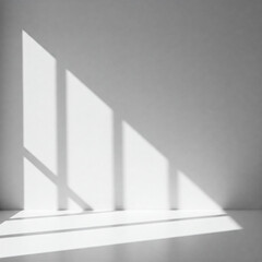 Fototapeta premium Soft natural light casts geometric window shadows on a plain white wall, creating a minimalist and tranquil aesthetic. The interplay of light and shadow adds depth and a serene, airy atmosphere