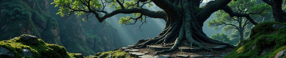 Fototapeta premium An ancient, gnarled tree casts twisted branches over a mysterious black stone altar, twigs, mossy