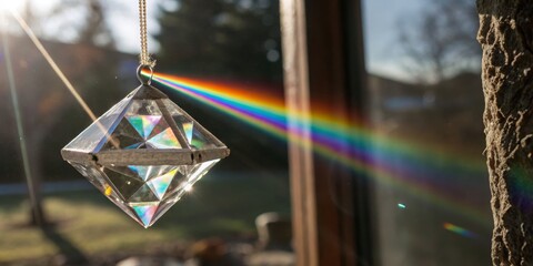 Naklejka premium Crystal prism catching sunlight and creating a rainbow on a window in a serene outdoor setting