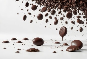 Fototapeta premium Dark chocolate drops falling horizontally on a white background, edible objects, sweets, desserts