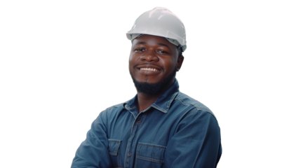 Smiling African American Industrial Worker on Transparent PNG, Dressed in Safety Gear and Hard Hat at Factory

