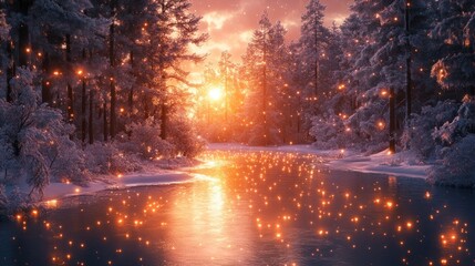 Magical winter sunset forest river scene, glowing lights