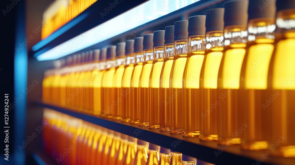 Poster a vibrant display of illuminated beverage bottles on a shelf, showcasing various colors and reflecti
