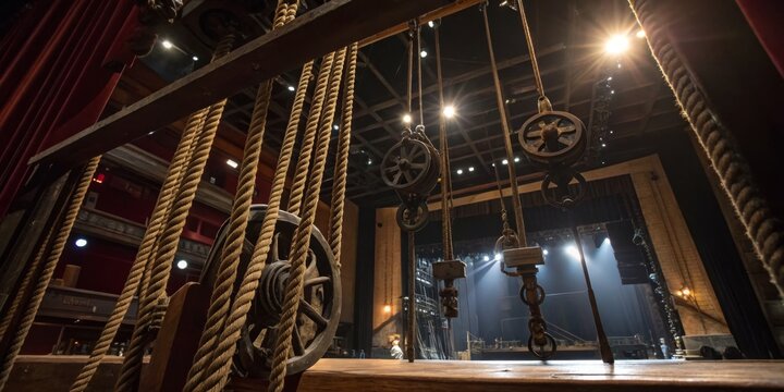 Theater stage setup with ropes and pulleys showcasing dramatic lighting during preparations for a performance
