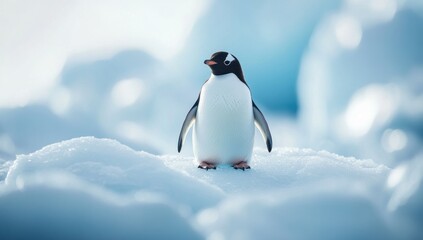 Obraz premium Portrait of a captivating gentoo penguin perched gracefully on shimmering antarctic ice under a bright diffused light