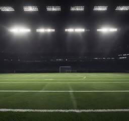 Fototapeta premium Dark stadium lights shining on football field at dusk, dusk, stadium, field
