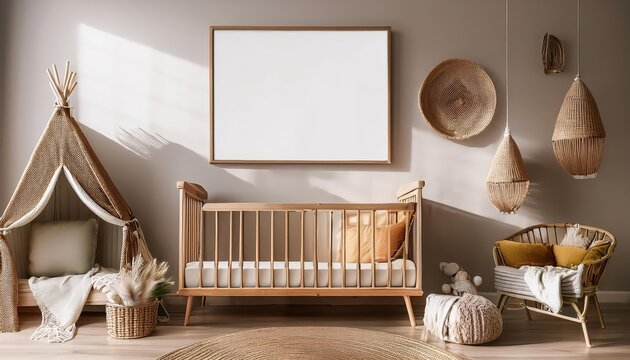 Whimsical Boho Baby Room Mockup A Dreamy 3D Rendered Space Filled with Vintage Patterns and Warm Earthy Tones, Perfect for Home Decor or Digital Art Inspiration.