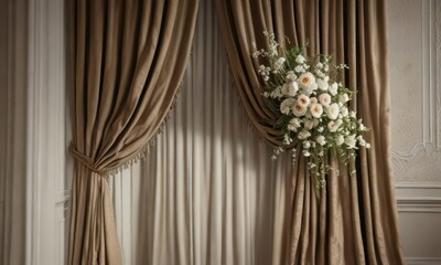 Delicate floral arrangement behind a velvet curtains, velvet,  classic style,  ornate details