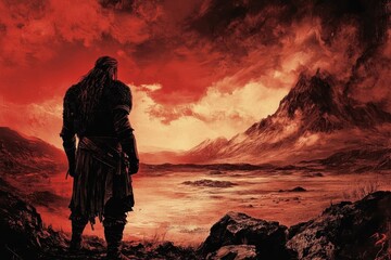 Viking warrior stands overlooking a desolate landscape in a warm hue