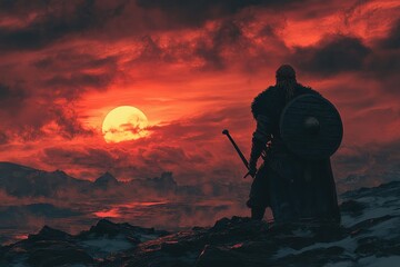 Viking stands silhouetted against a fiery sunset with shield and sword