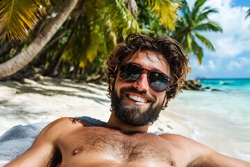 Happy man relaxing on a tropical beach, wearing sunglasses.