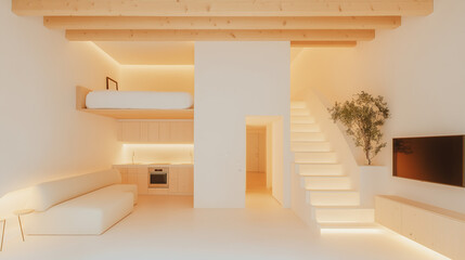 Minimalist Living: Interior shot of a bright and airy apartment with clean lines, highlighting a modern loft bed, a stylish kitchen, and a cozy living area. The staircase leads to an elevated space.