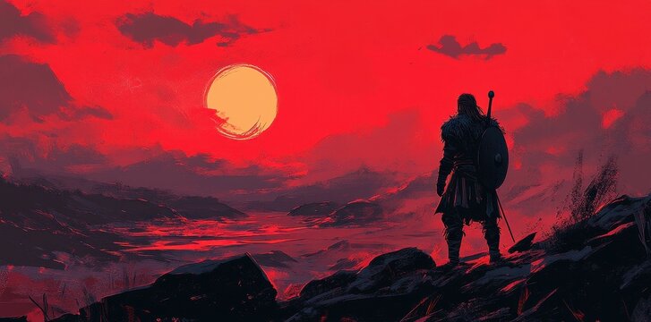 Viking warrior stands silhouetted against a fiery red sunset