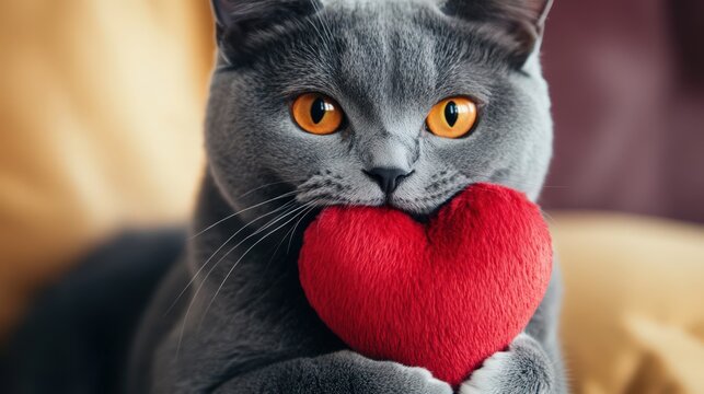 Grey Cat Gently Holding Red Heart Shaped Toy