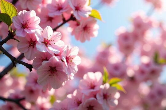 Cherry blossoms in full bloom with green leaves on a spring morning, pink flowers, blooming trees