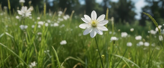 delicate white flower head on tall grass stem,  field, flower,  bloom