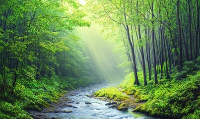Obraz premium Serene forest landscape with a flowing stream, sunlight filtering through lush green trees