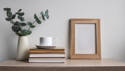 Rustic Morning Tranquility A Still Life of Coffee, Books, and an Empty Picture Frame Set Against a Simple Desk and Table Perfect for Digital Art, Home Decor, or Design Inspiration.