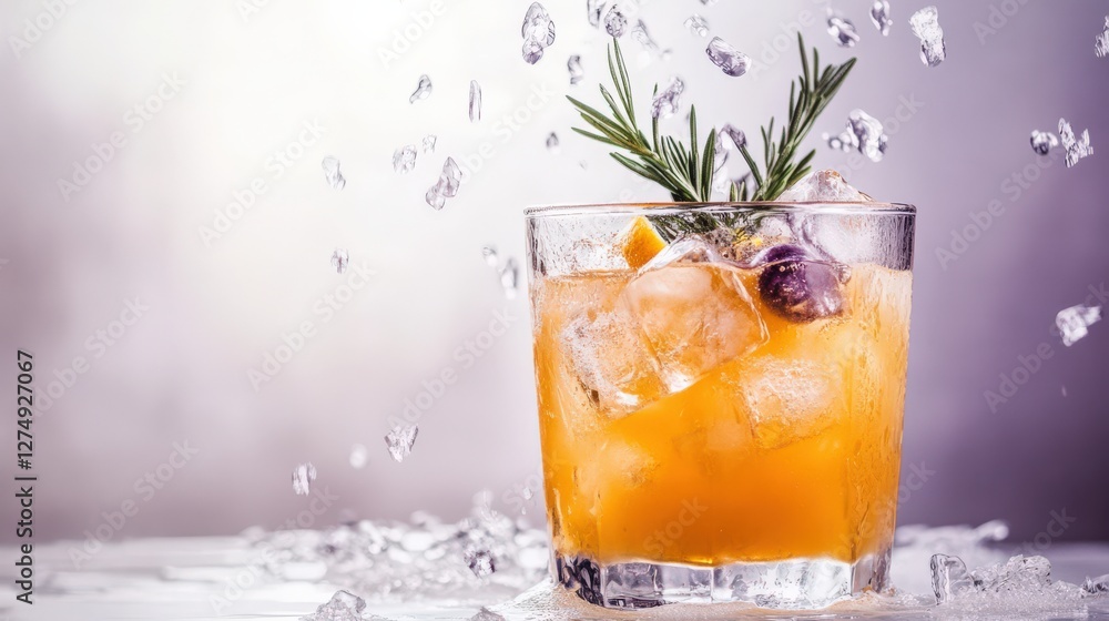 Poster refreshing cocktail with ice and herbs splashing in a vibrant bar setting