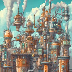 Fototapeta premium Steampunk city landscape filled with intricate pipes and towers