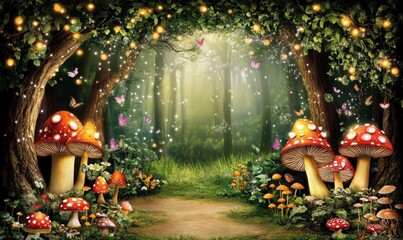 Fototapeta premium Enchanted forest scene with vibrant mushrooms, butterflies, and soft glowing lights