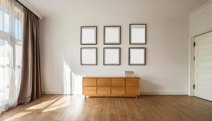 Radiant Living Room Interior Showcasing Nine Art Posters and a Stylish Sideboard, Bathed in Warm Natural Light, Exuding Chic Elegance and Modern Aesthetics.