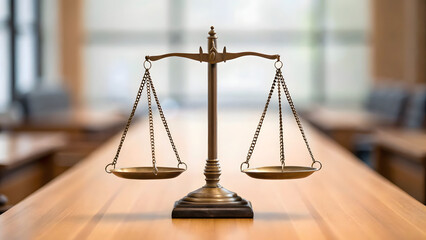 Justice Scale on Wooden Table in Law Office