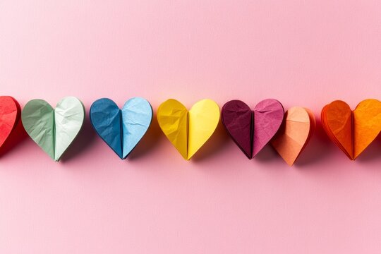 Rainbow paper hearts row on pink background