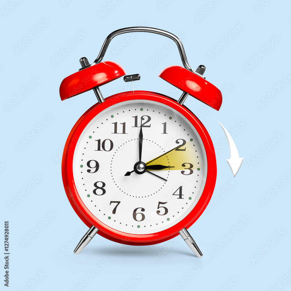 Poster Daylight saving time. Red alarm clock on light blue background. Highlighted area and arrow showing time change by one hour forward
