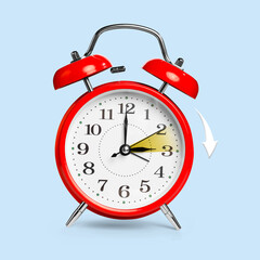 Daylight saving time. Red alarm clock on light blue background. Highlighted area and arrow showing...