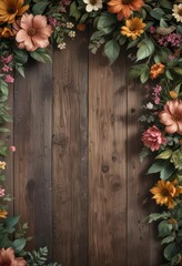 Fototapeta premium Distressed wood banner with grunge-inspired flowers and leaves, rustic, nature, distressed