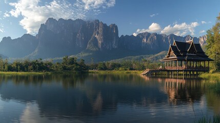 Obraz premium Serene Pavilion Lakeside Mountain View