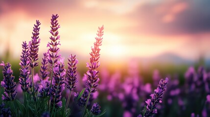 Naklejka premium Vibrant Lavender Field at Sunset with Soft Focus on Blooming Flowers and Gentle Colors