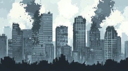 Fototapeta premium Skyline depicts a ruined cityscape with smoke and destruction