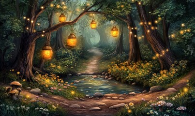 Enchanted forest path illuminated by lanterns, with flowers and a serene stream in the background