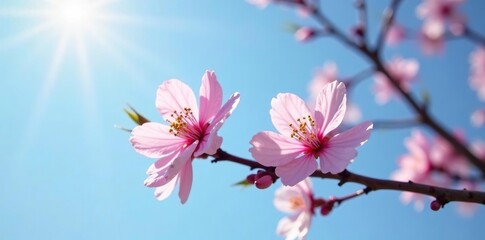 Fototapeta premium blue sky reflects off the delicate petals of flowers on thin tree branch tips, natural, flowers, peaceful