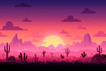 Fototapeta premium Desert sunset with cacti under starry sky. Concept for travel, background, ads