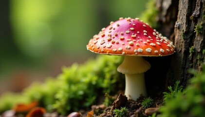 Red cap with white spots against golden brown tree trunk, fungi, tree, mushroom