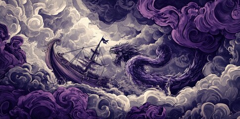 A menacing sea serpent confronts a ship amidst stormy seas